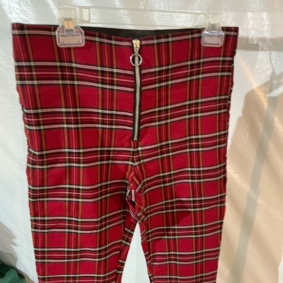 Zara High Waist Red Plaid Zipper Front Stretchy Slim Leg Pant - Picture 2 of 6